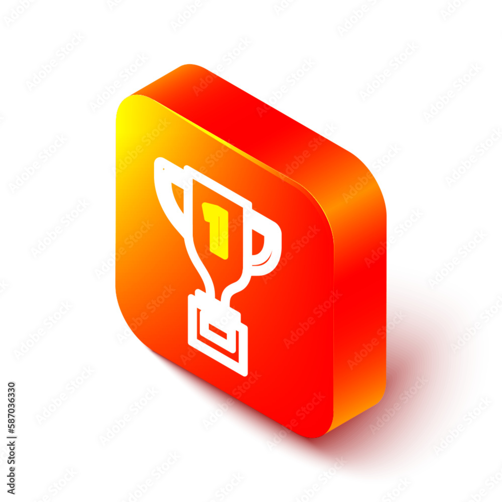 Isometric line Award cup icon isolated on white background. Winner trophy symbol. Championship or competition trophy. Sports achievement sign. Orange square button. Vector Isometric line Award cup icon isolated on white background. Winner trophy symbol. Championship or competition trophy. Sports achievement sign. Orange square button. Vector