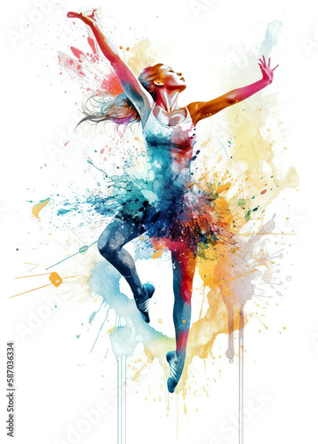 Watercolor abstract representation of rhythmic gymnastics. Rhythmic gymnastics player in action during colorful paint splash, isolated on white background. AI generated illustration. photo