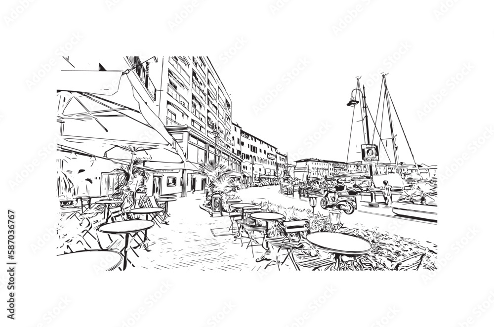Building view with landmark of Porto ferraio is the town in Italy. Hand drawn sketch illustration in vector. Building view with landmark of Porto ferraio is the town in Italy. Hand drawn sketch illustration in vector.