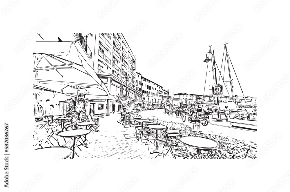 Building view with landmark of Porto ferraio is the town in Italy. Hand drawn sketch illustration in vector.