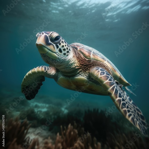 Green turtle in the blue looking at me. Created with generative AI. © Siarhei