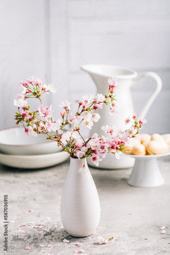 Spring feeling - cherry blossom branch with sweet macarons for Mothers Day