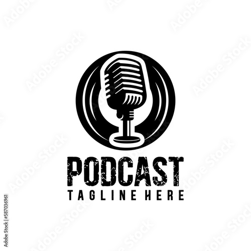 Podcasts station. Template emblem with retro microphone. Design element for logo