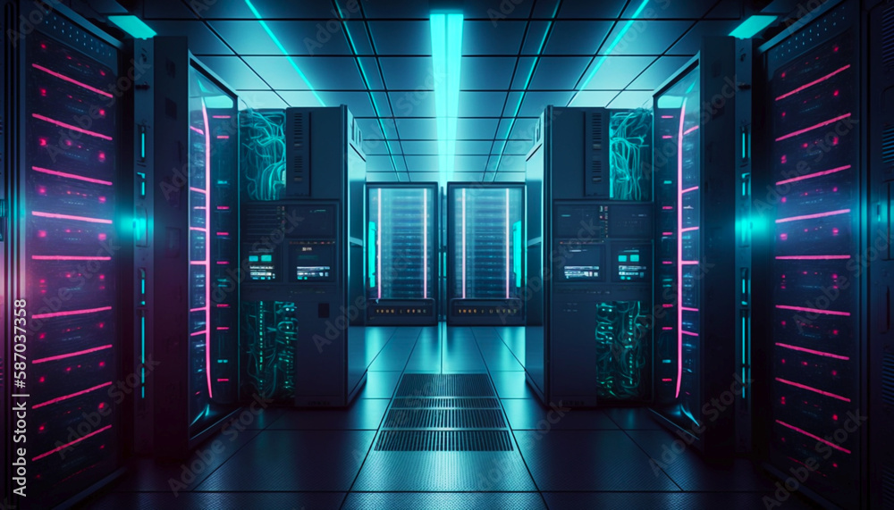 Data Center With Multiple Rows of Fully Operational Server Racks. Modern Telecommunications, Cloud Computing, Artificial Intelligence, Database, Super Computer Technology Concept. Generative AI Data Center With Multiple Rows of Fully Operational Server Racks. Modern Telecommunications, Cloud Computing, Artificial Intelligence, Database, Super Computer Technology Concept. Generative AI