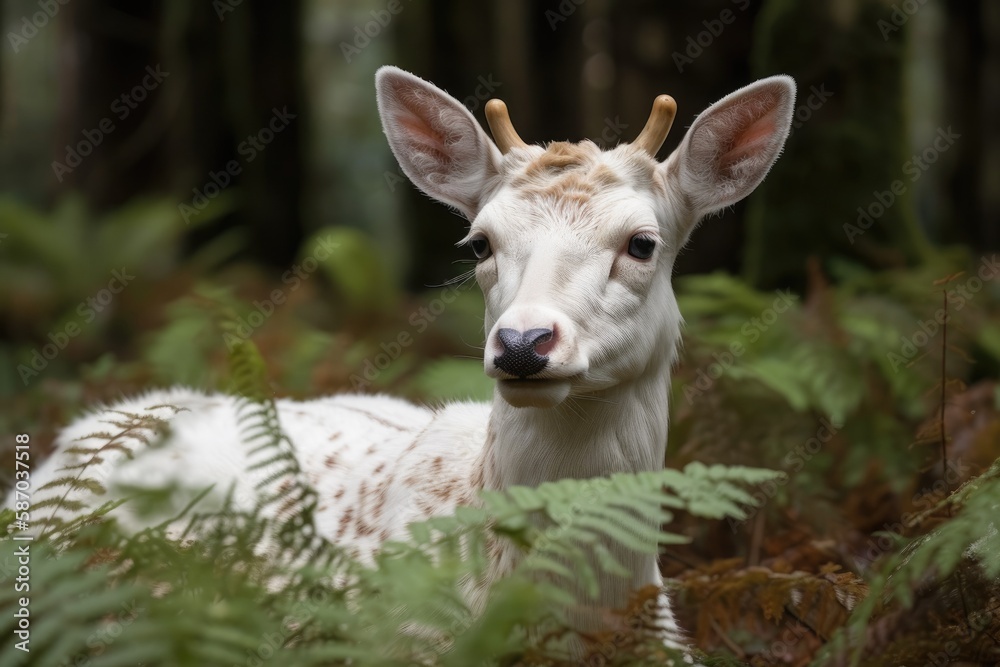 A white Fallow Deer up close and personal among UK ferns. Generative AI A white Fallow Deer up close and personal among UK ferns. Generative AI