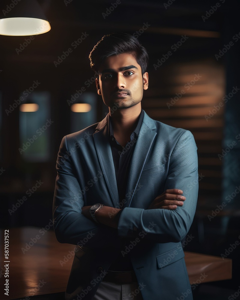 Fototapeta premium Confident Businessman with Arms Crossed Photorealistic Portrait Illustration [Generative AI]