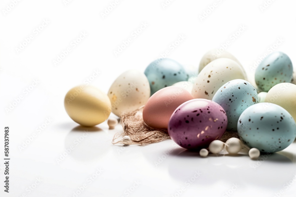 easter eggs and flowers white background