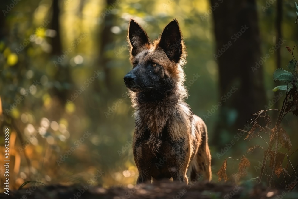 The wild dog is standing and observing warily. Generative AI The wild dog is standing and observing warily. Generative AI