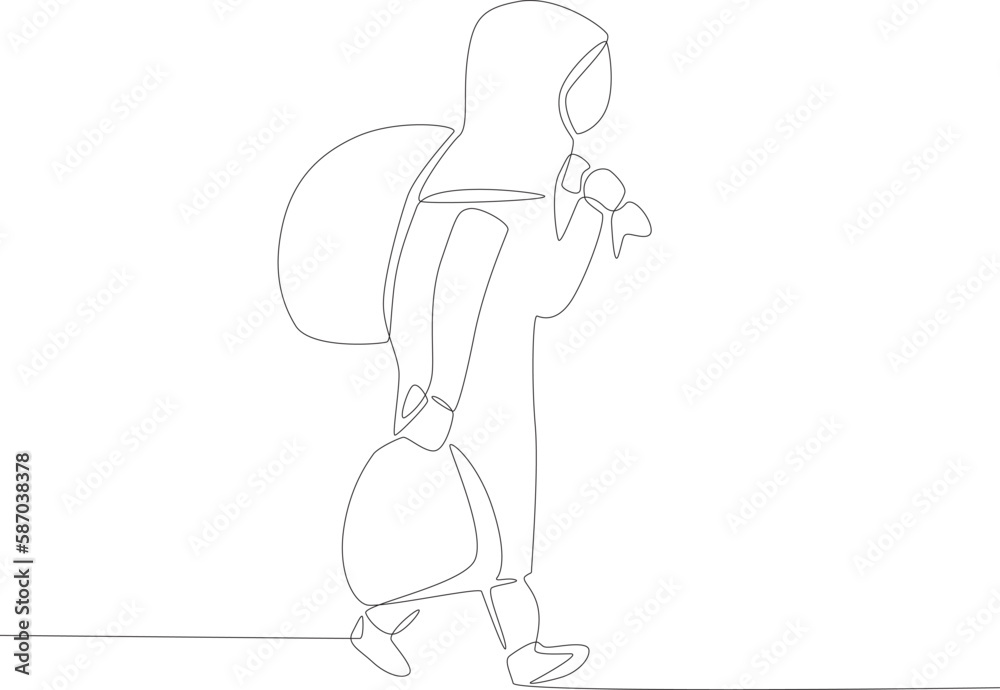A woman fled with a lot of luggage. Refugee one-line drawing A woman fled with a lot of luggage. Refugee one-line drawing
