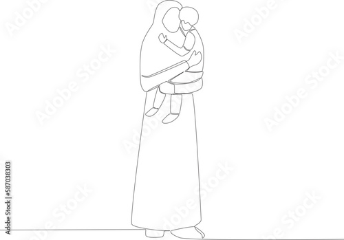 A mother carrying her child seeking refuge. Refugee one-line drawing
