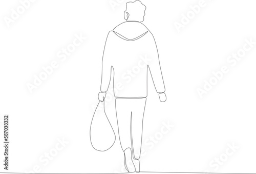 rear view of refugees carrying bags. Refugee one-line drawing