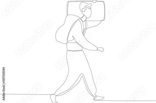 A refugee carrying a backpack and a suitcase. Refugee one-line drawing