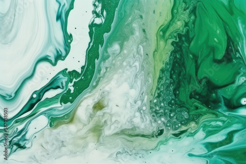 Abstract background. Liquid paint, fluid art style. Green and white paint. AI generative.