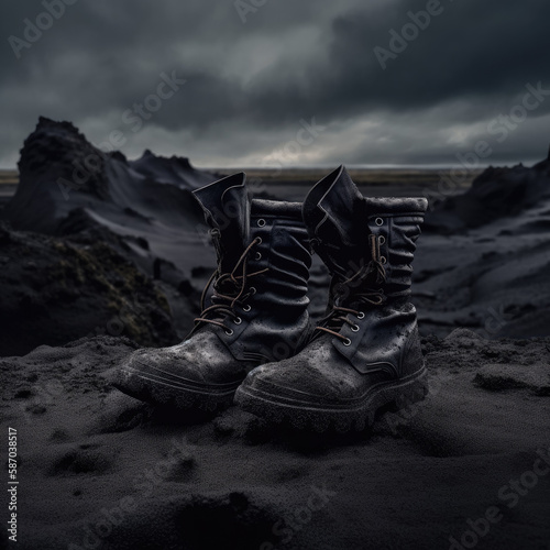 A Pair of Used Black Boots on a Black Rocky Volcanic Surface-Generative AI