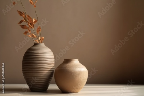 Duo of modern vases on a brown wall background.
