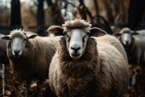 Sheep flock in the open zoo. Generative AI