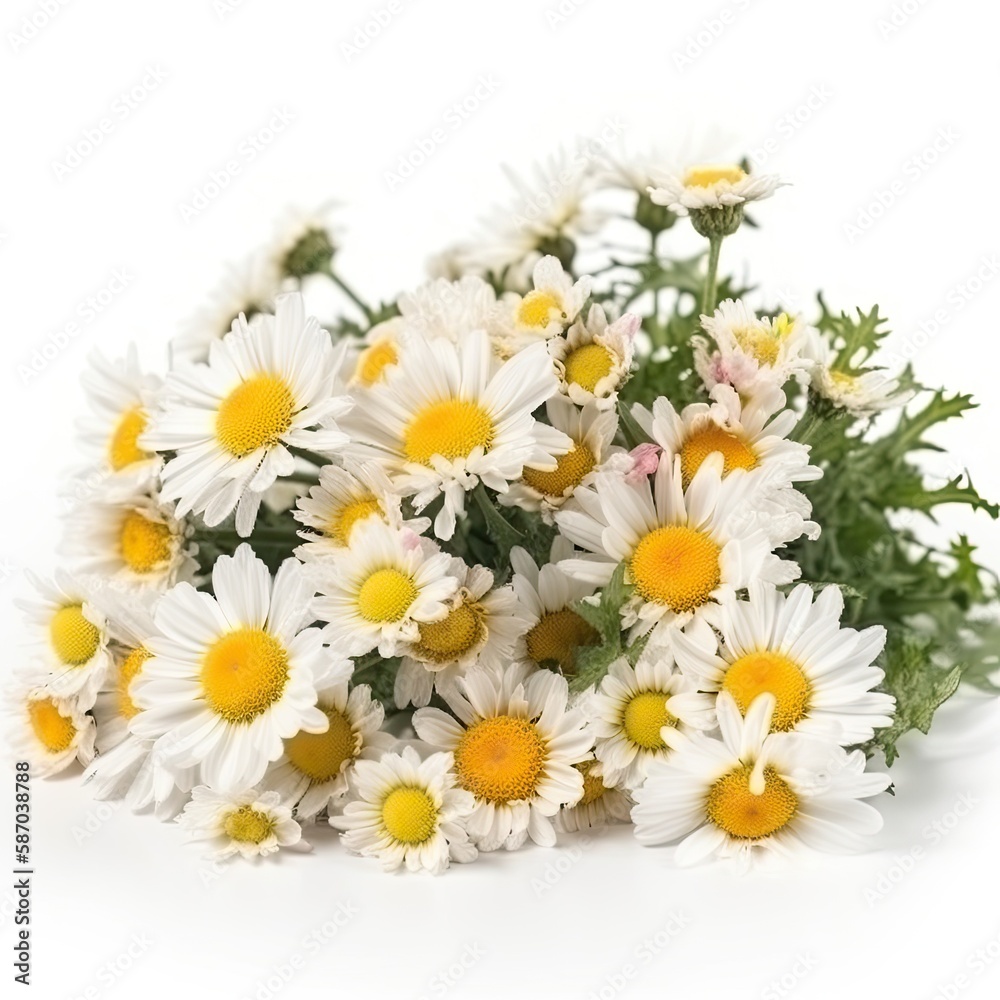 Fototapeta premium Fresh and delicate daisy bouquet with vibrant colors, isolated on white. Aesthetic and elegant floral composition. Generative AI