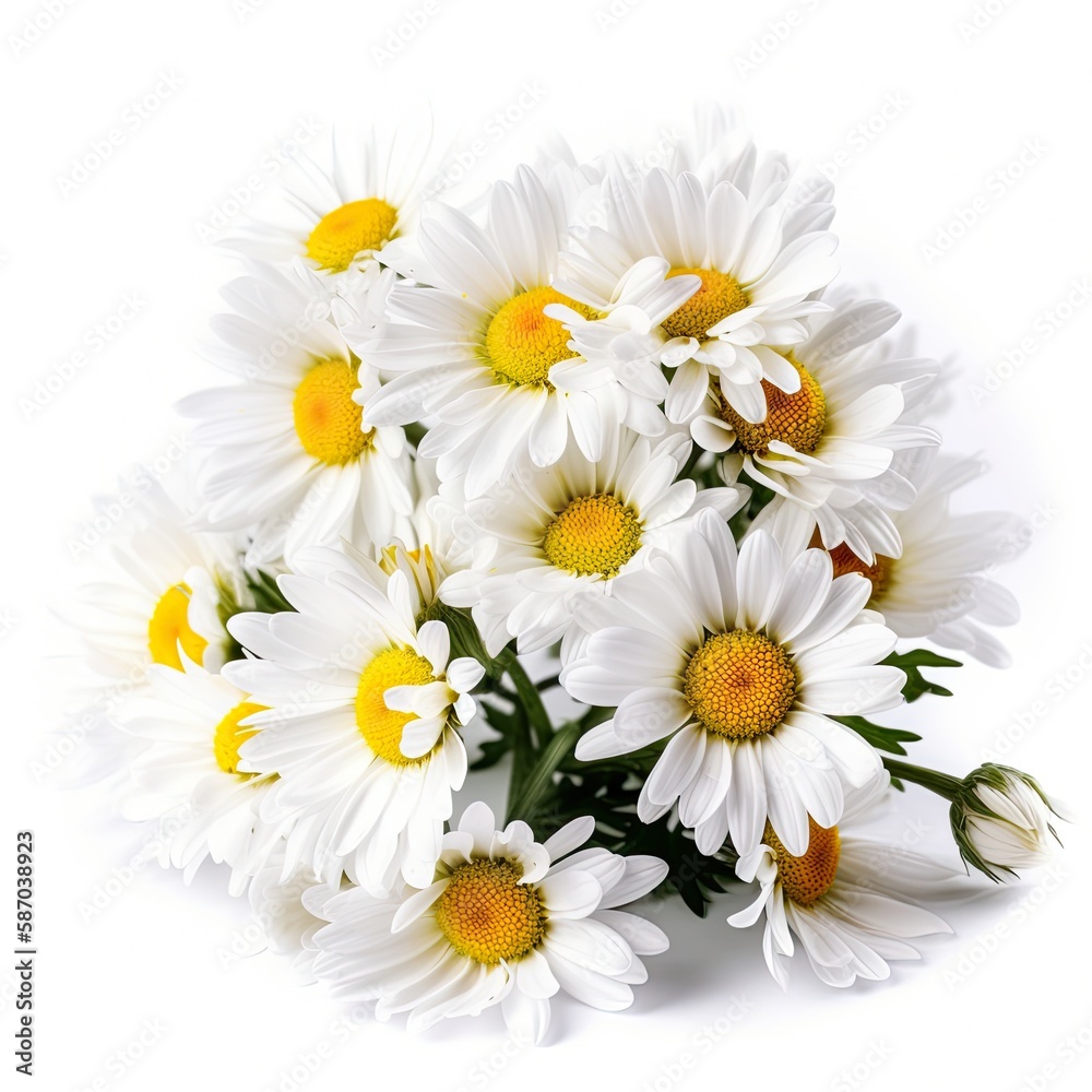 Obraz premium Fresh and delicate daisy bouquet with vibrant colors, isolated on white. Aesthetic and elegant floral composition. Generative AI