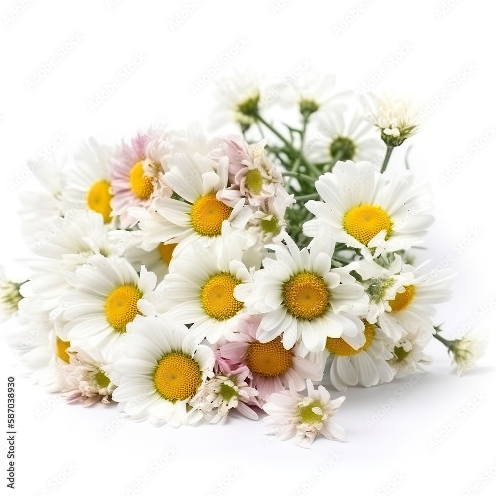 Obraz premium Fresh and delicate daisy bouquet with vibrant colors, isolated on white. Aesthetic and elegant floral composition. Generative AI