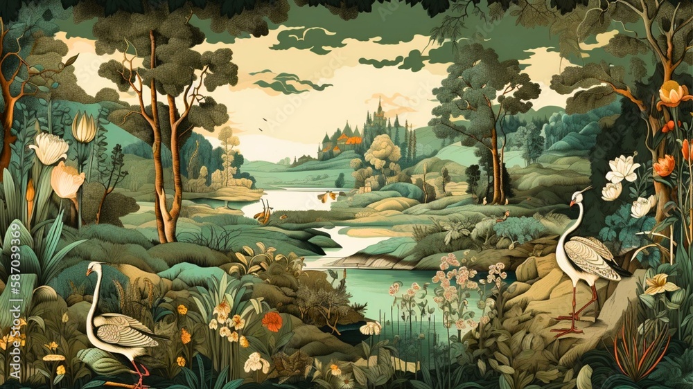 custom made wallpaper toronto digital Watercolor art of The tropical rainforest of birds and plants and lake, generative AI
