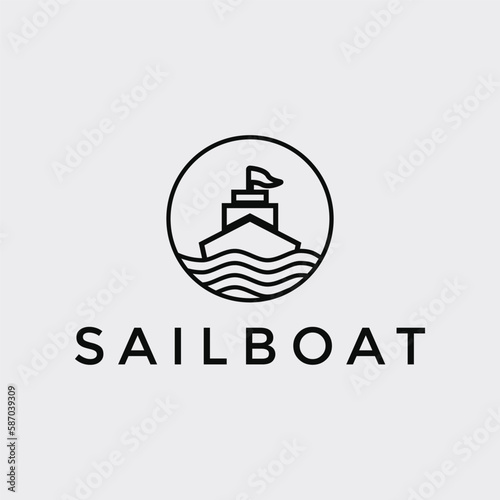 illustration vector graphic sailboat logo design minimalist with circle and waves beach