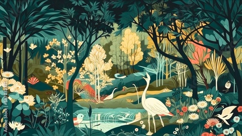  Watercolor art of The tropical rainforest of birds and plants and lake, generative AI 