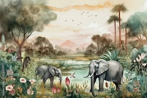  Watercolor art of The tropical rainforest of elephants and plants and lake, generative AI 