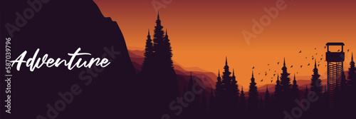 adventure landscape mountain hill with outdoor forest silhouette flat design vector illustration good for banner, background, backdrop, web banner, ads banner, tourism banner, and wallpaper