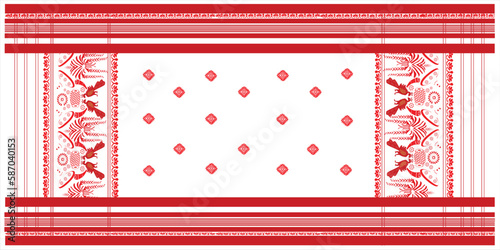 gamosa or gamusa from assam.gamosa textile pattern. gamosa or gamusa is an article of significance for the indigenous people of Assam, India. It is generally a white rectangular piece of cloth photo