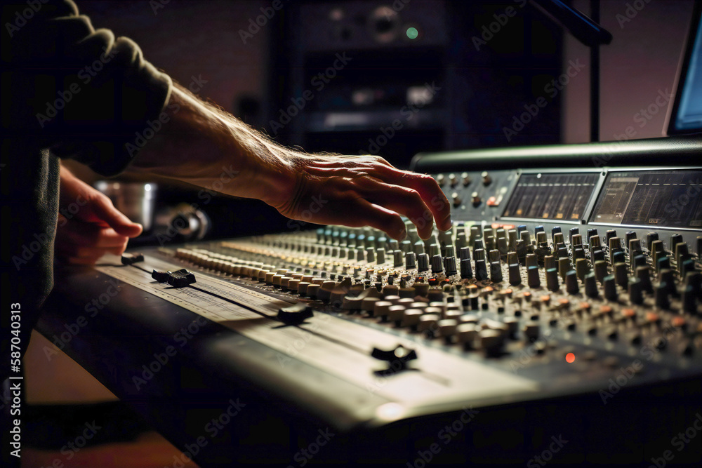 Sound engineer or sound technician working at the mixing console. Created with Generative AI technology. Sound engineer or sound technician working at the mixing console. Created with Generative AI technology.