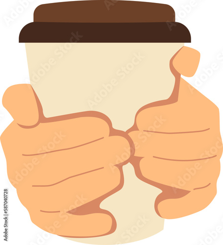 Coffee to go. Two hands holding coffee paper cup. Transparent background. Vector illustration