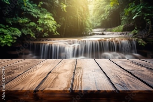 serene wooden table with a beautiful waterfall in the background. Generative AI