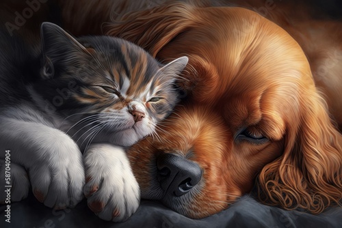 Cat and dog sleeping together. Kitten and puppy taking nap. Home pets. Animal care. Love and friendship. Domestic animals generative ai