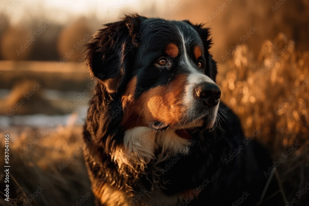 The Bernese Mountain Dog is depicted in a close up, copy space portrait in the sunset sunlight. Generative AI
