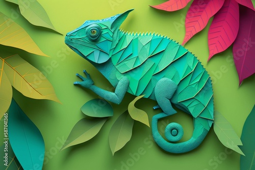 paper cut art of a green chameleon on pastel color background, generative ai © pham