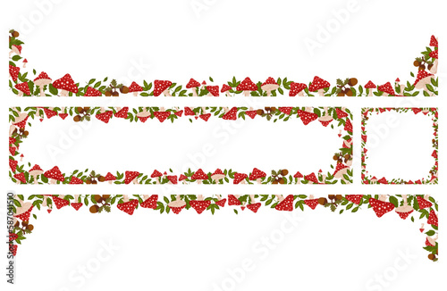 Spring horizontal frames with mushrooms, fly agarics, acorns and leaves. Autumn vector banners photo