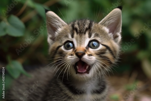 kitten with an open mouth and green eyes. Generative AI © AkuAku