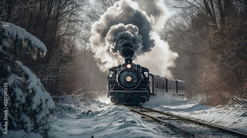 Steam locomotive train coming straight at you in the winter (Generative AI)