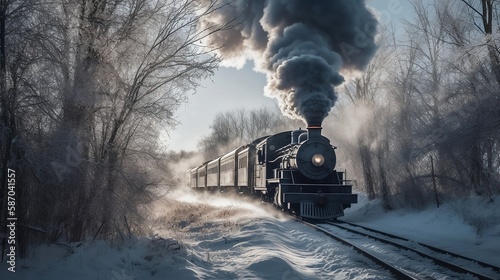 Steam locomotive train coming straight at you in the winter (Generative AI)