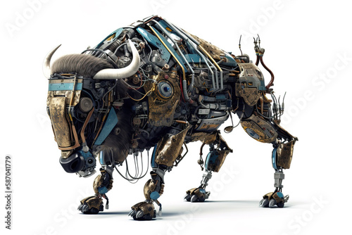 Image of a bison cow modified into a robot on a white background. Wild animal. illustration, generative AI © yod67