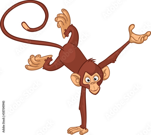 Cartoon funny monkey chimpanzee balancing on one hand or doind flip acrobatic handstand. Vector illustration of happy monkey character design isolated