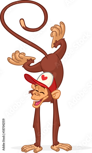 Cartoon funny monkey chimpanzee doing handstand and balancing. Vector illustration of happy monkey performing acrobatic circus trick character design isolated