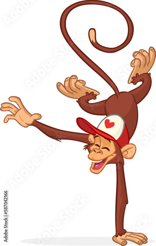 Cartoon funny monkey chimpanzee balancing on one hand or doind flip acrobatic handstand. Vector illustration of happy monkey character design isolated