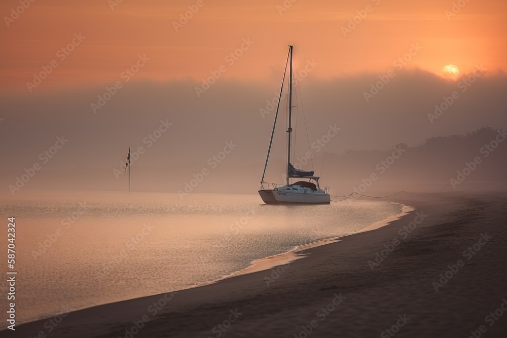  a sailboat on the shore of a beach at sunset with a foggy sky in the background and the sun peeking through the clouds.  generative ai