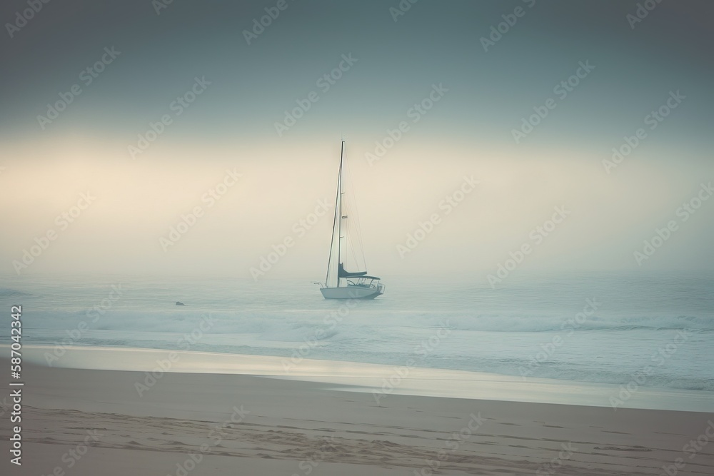 a sailboat in the ocean on a foggy day with a person walking on the beach in the foreground and a boat in the background. generative ai a sailboat in the ocean on a foggy day with a person walking on the beach in the foreground and a boat in the background. generative ai