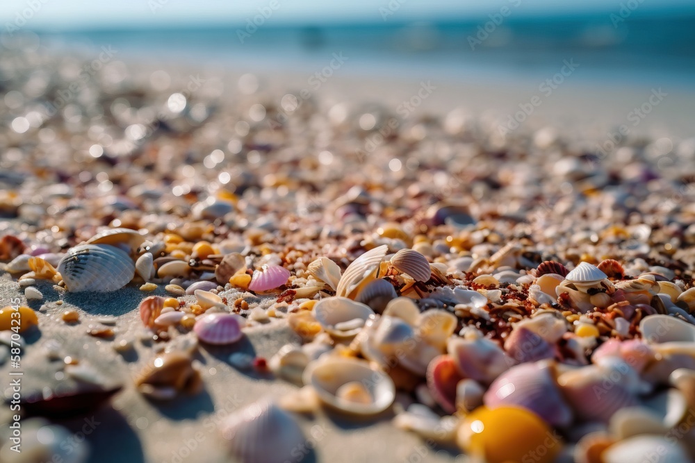 a close up of shells on a beach near the ocean water with a blue sky in the background of the picture and a blue sky in the background. generative ai a close up of shells on a beach near the ocean water with a blue sky in the background of the picture and a blue sky in the background. generative ai