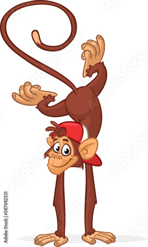 Cartoon funny monkey chimpanzee doing handstand and balancing. Vector illustration of happy monkey performing acrobatic circus trick character design isolated