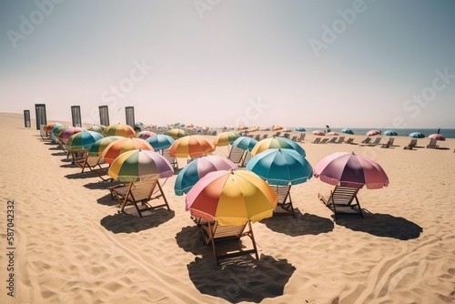 a bunch of beach chairs with umbrellas on a beach near the ocean in a row on a sunny day with blue sky in the background.  generative ai