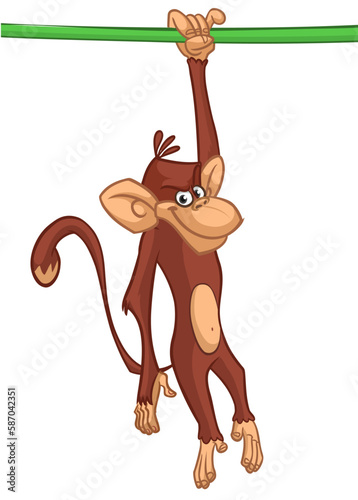 Cute baby monkey hanging on tree branch, swinging and waving with paw. Colored flat vector illustration of smiling and playing animal character isolated on white background