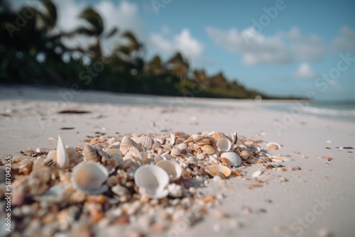  shells and sand on a beach with palm trees in the background and a blue sky with clouds in the background and a blue sky with white clouds. generative ai